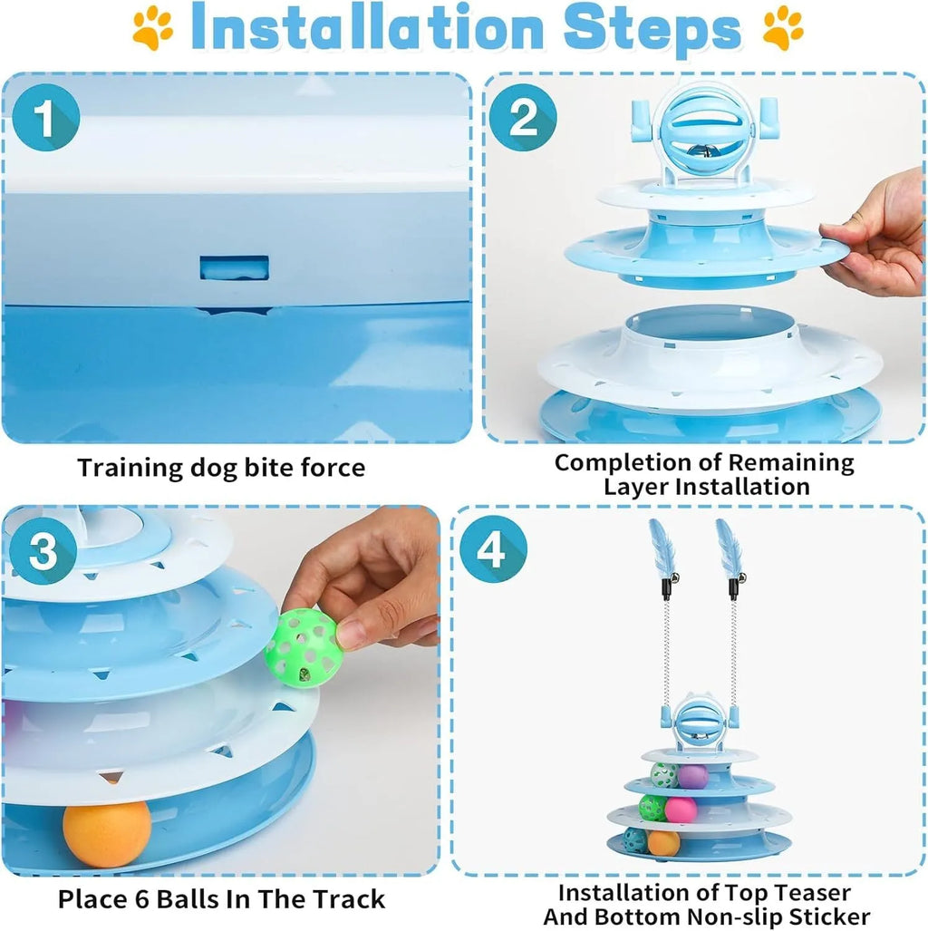 Blue 4-tier interactive cat puzzle toy with balls and teasing rods on a table.