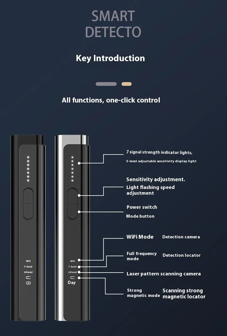 Handheld black anti spy camera detector with RF and lens scanning for personal privacy