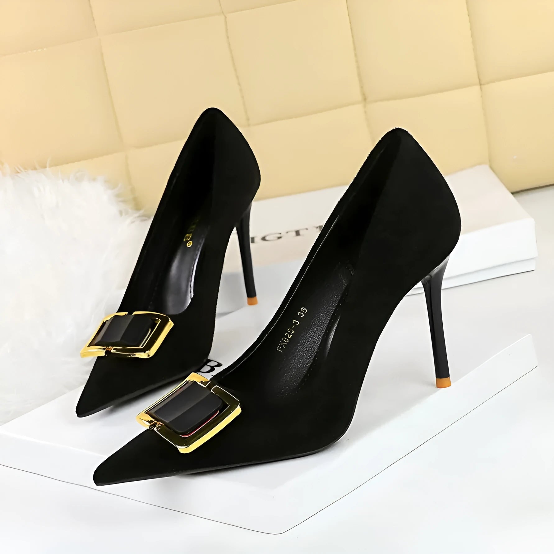 Black suede women's stiletto high heels with 9cm heel and shallow open toe on a neutral background