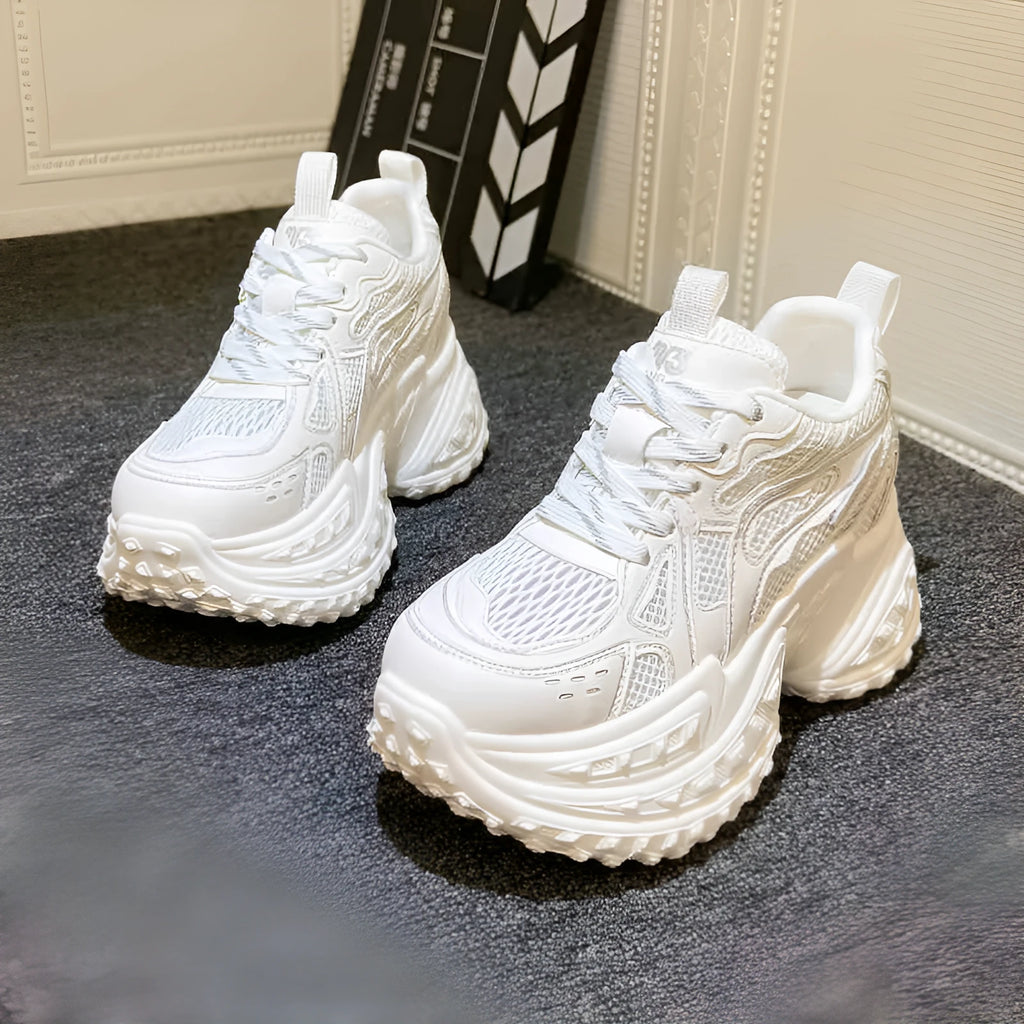 White women's lace-up dad shoes with height increasing insole system and round toe