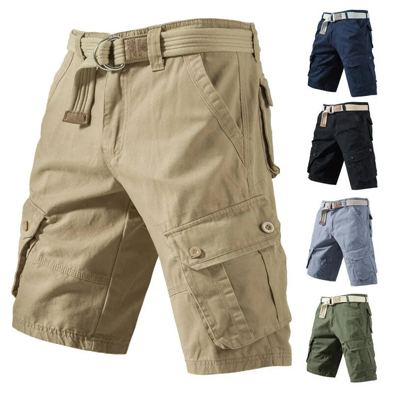 Summer cargo shorts with pockets in solid colour, loose fit cotton fabric, fifth-length style