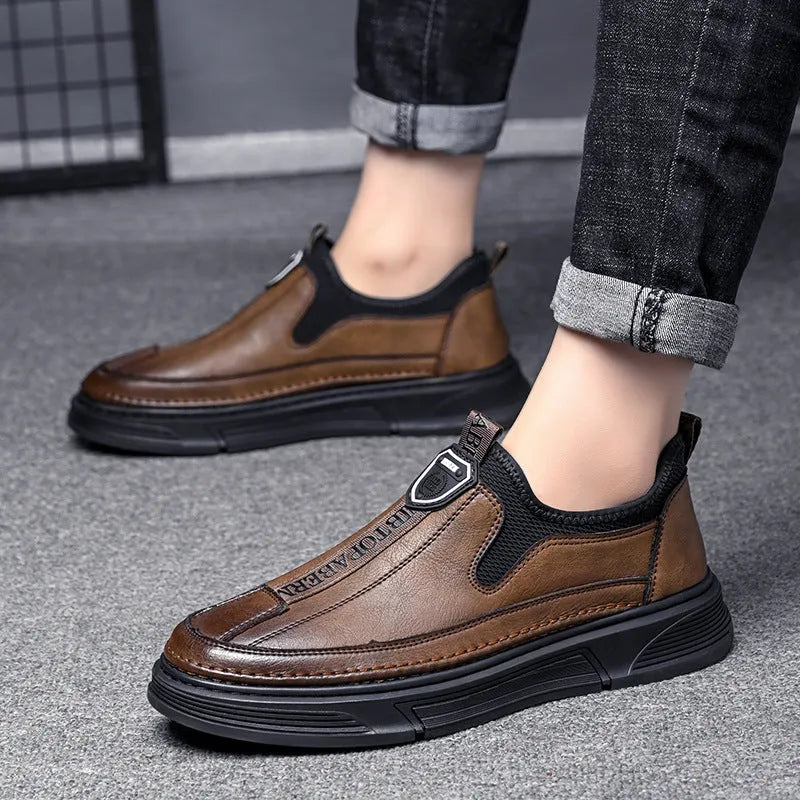 Men's black and brown leather casual shoes with round toe design displayed side by side