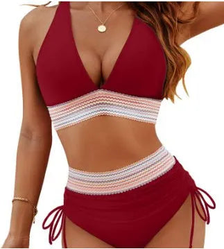 Women's high-waisted bikini set with colour-blocking drawstring briefs and sleeveless top.