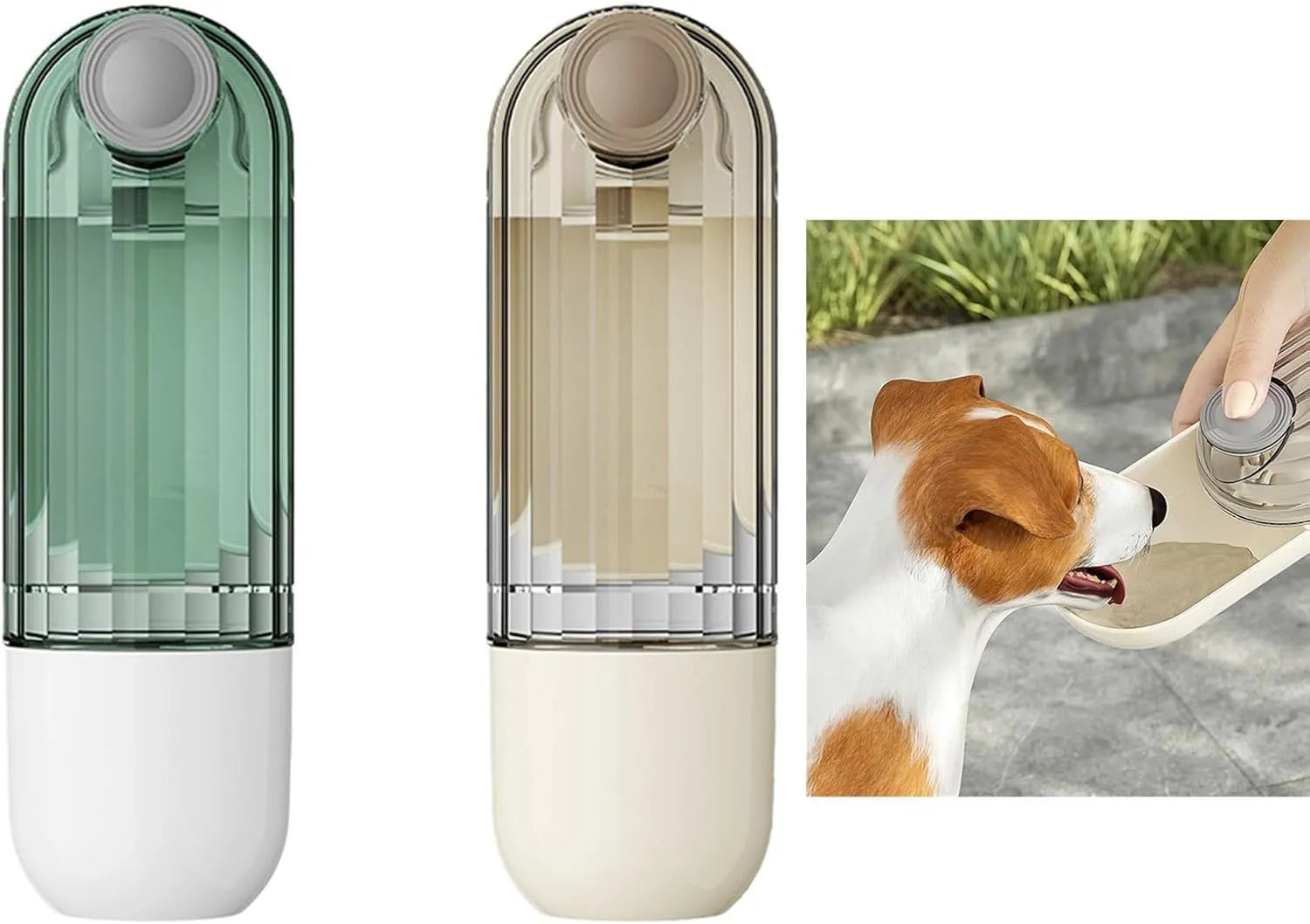 Beige foldable dog water bottle with food dispenser shown extended and collapsed for walking.