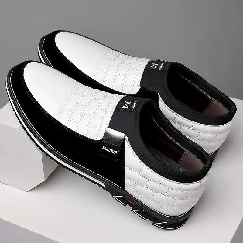 Men's slip-on plus size casual leather shoes black round toe artificial PU rubber sole