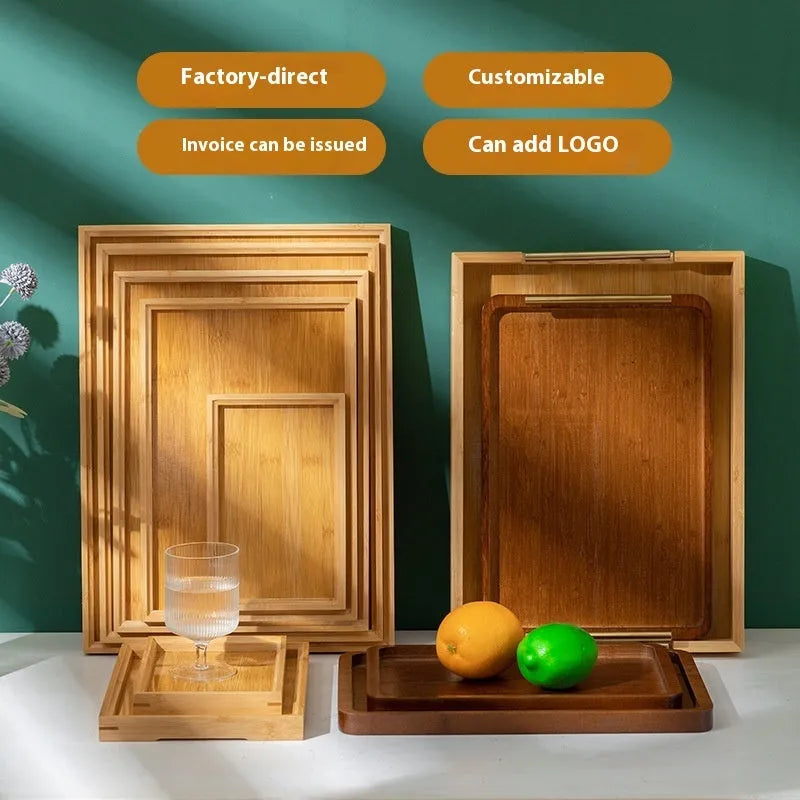 Square bamboo serving tray with a brown handle for barbecue shops and hotels.