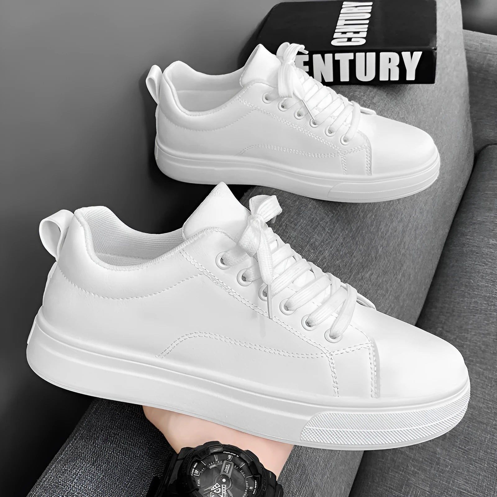 Men's low-top Korean-style sneakers in black, white, and black with white sole colour options.