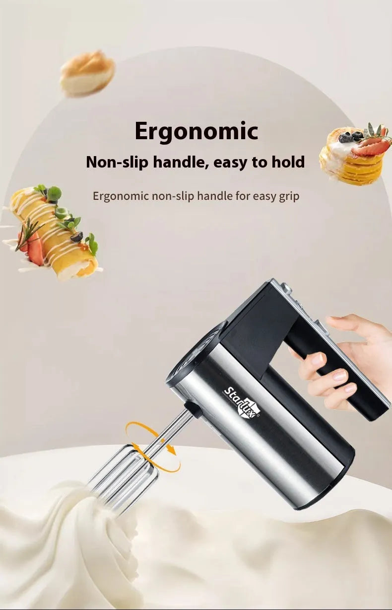 Silver and black handheld electric mixer with whisk attachment, model SL-25209, on a kitchen counter.