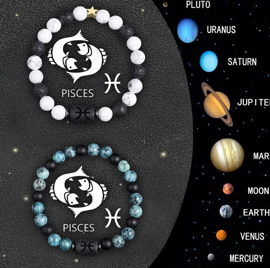 Set of two natural stone beaded bracelets showing different zodiac sign designs