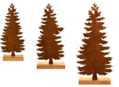 Set of three rustic iron Christmas tree and elk ornaments for holiday decor.