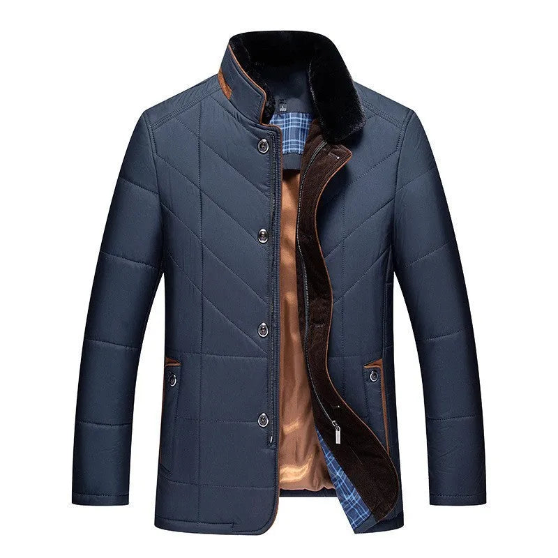 Men's short winter padded coat in dark blue with side seam pockets.
