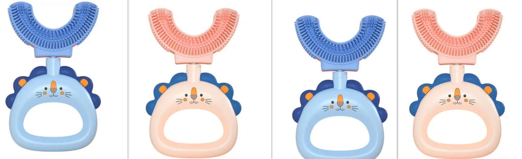 Children's U-shaped silicone toothbrush in blue and pink with little cute lion design for ages 2-14