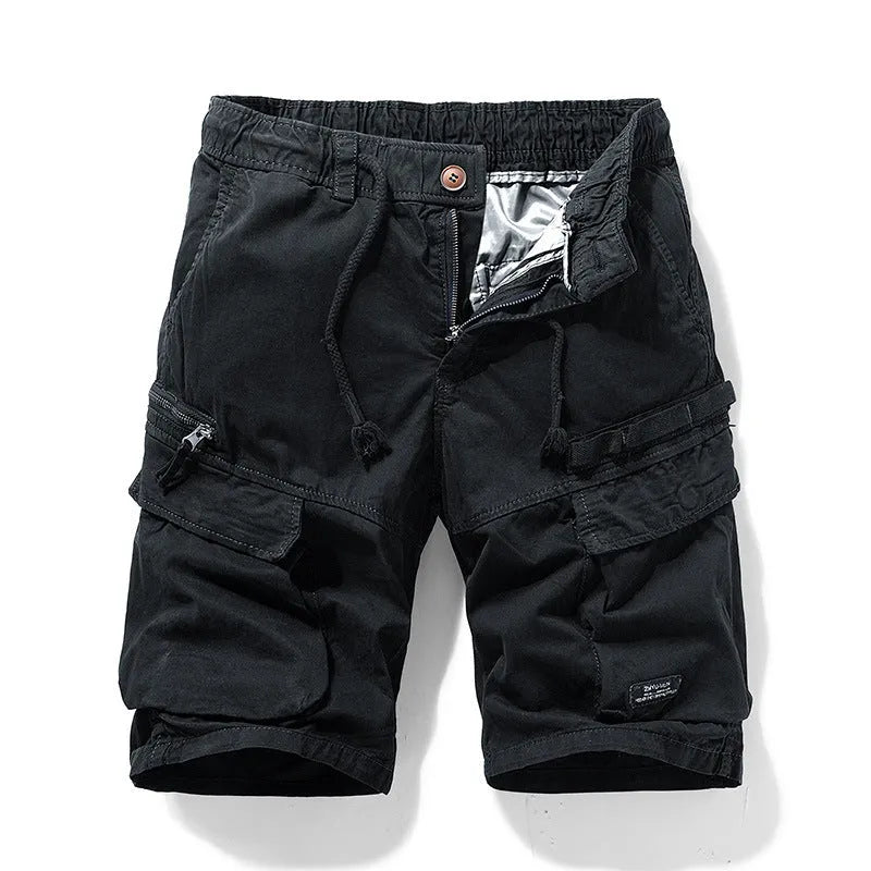 Men's cotton shorts in army green with multiple pockets and zipper closure in Korean style cut