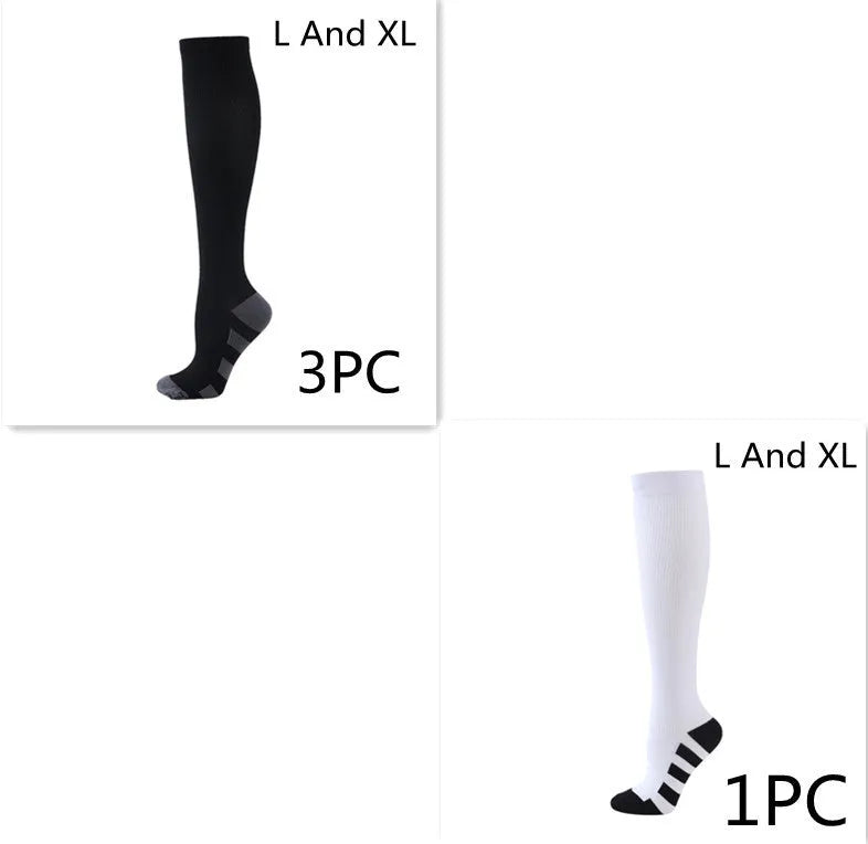 Athletic compression socks in black with three white bars, made from nylon silk with medium thickness for running