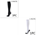 Athletic compression socks in black with three white bars, made from nylon silk with medium thickness for running