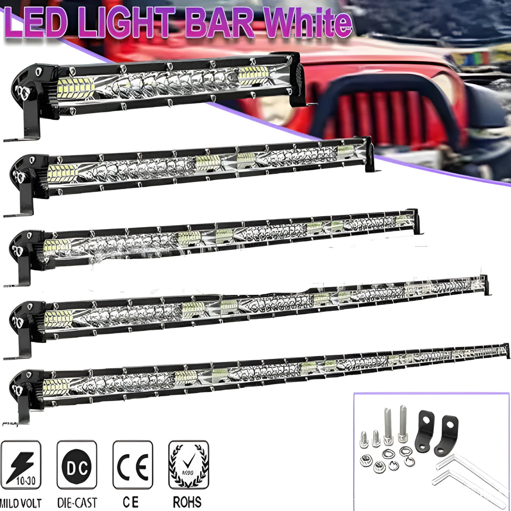 White aluminium alloy ultra-thin LED strip light for car roof or bumper in three length options.