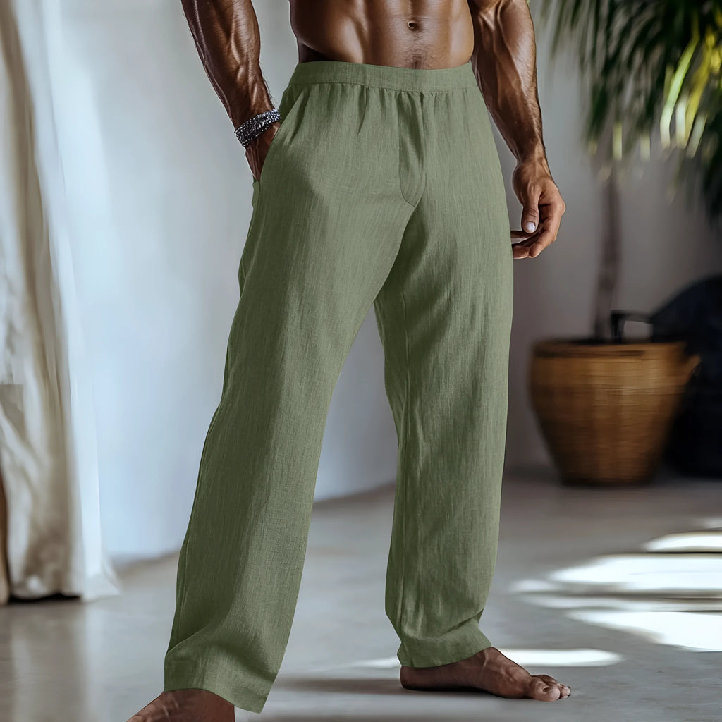British style straight leg cotton linen trousers in light green colour showing straight fit silhouette