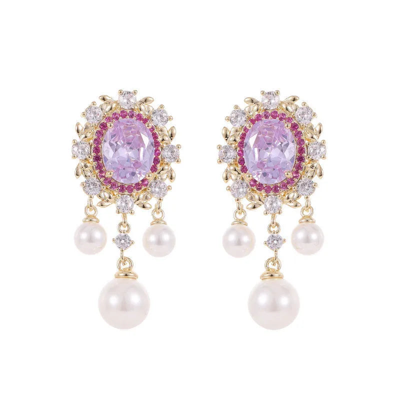 Oval geometric copper earrings with zircon inlay and pearl tassels in light purple, pink, white colour options