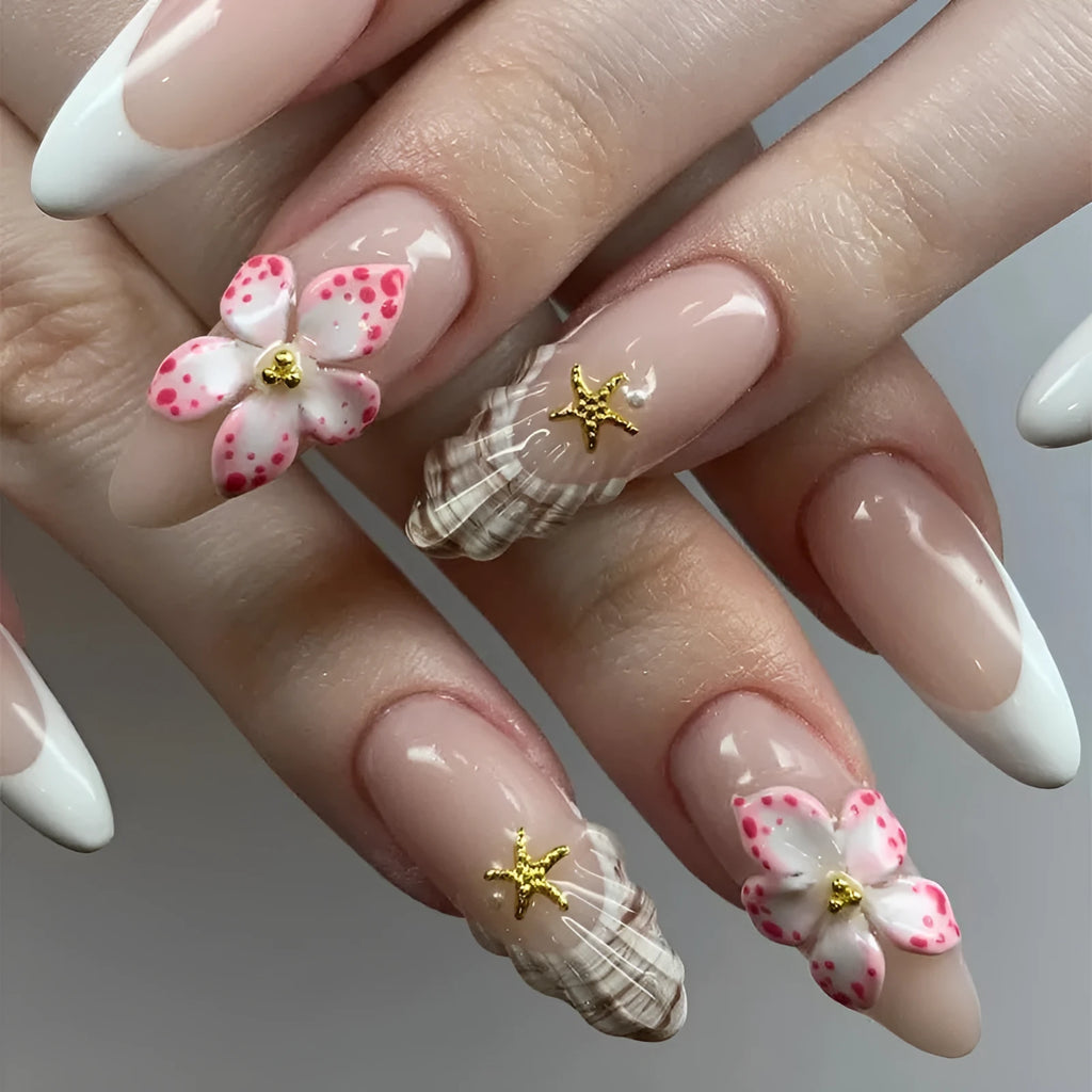 W1764 simple flower French style false nails with rock pattern patch, full 24-piece plastic kit.