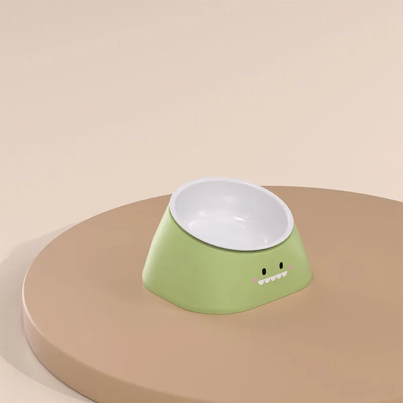 Green tilted stainless steel pet bowl with white PP base at 15-degree angle for cat or dog feeding