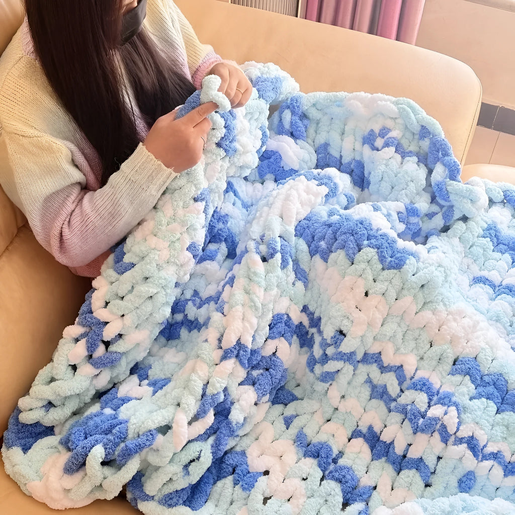 Coarse yarn chenille knitted blanket with braided gravity weighting in modern simplicity styling