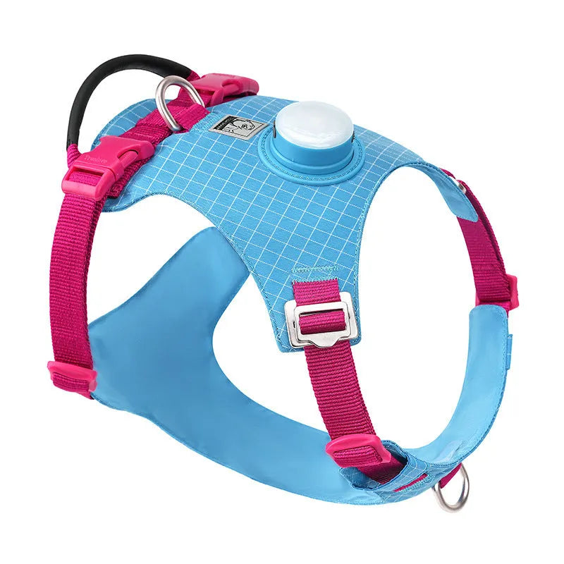 Adjustable dog chest harness with LED night light attachment in multiple colour options