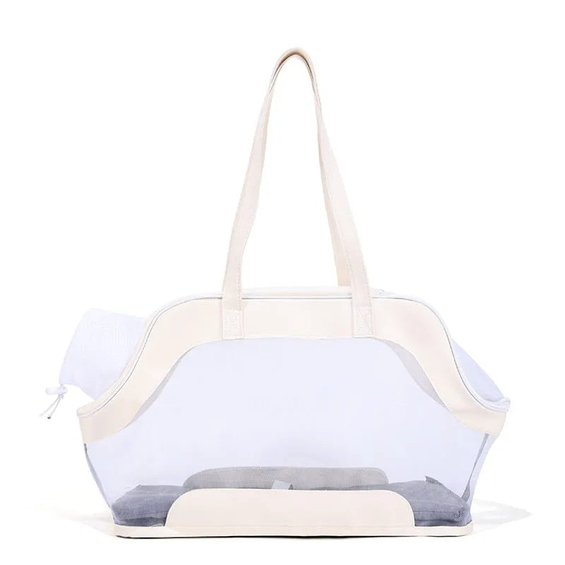 MOORPET leather cat carry bag in beige with structured sides and top handle.