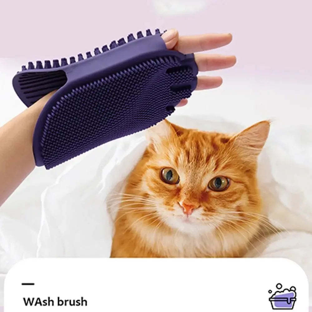 Purple soft TPR dual-sided pet massage brush for dog grooming and shampooing with ergonomic handle
