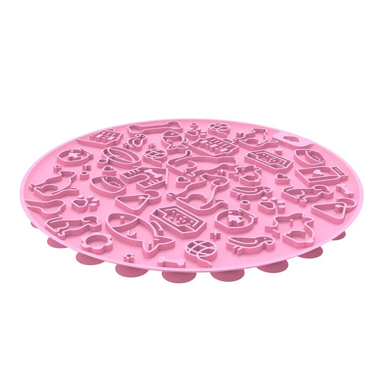 Round silicone pet licking mat with suction cup, shown in blue colour.