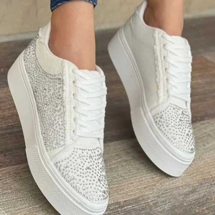 Plus size women's black casual shoes with thick rubber sole, lace-up front and rhinestone decoration