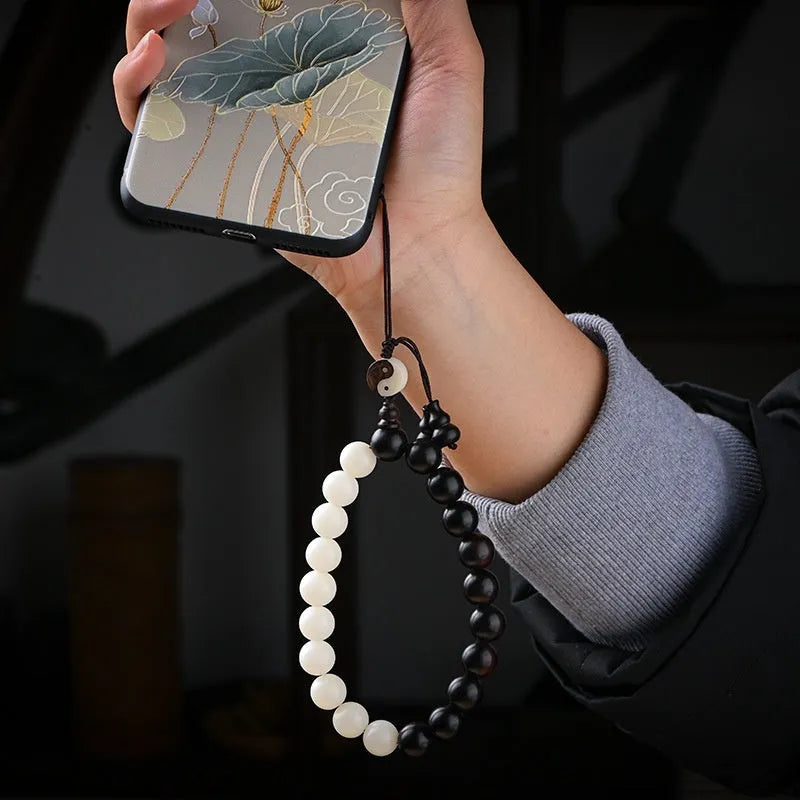 Handmade retro bracelet with eight-diagram pattern on 11mm White Corypha Umbraculifera and Blackwood Bodhi beads