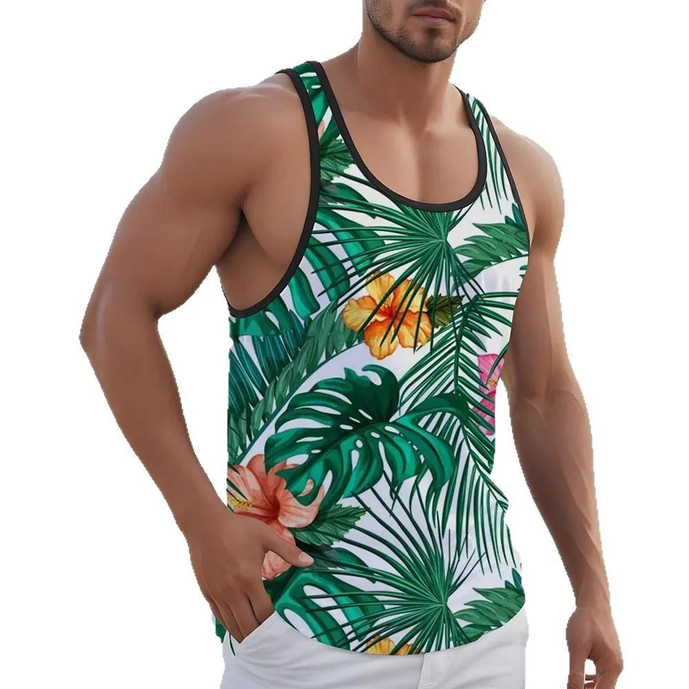 Men's 3D printed Hawaiian pattern sleeveless vest in polyester fabric