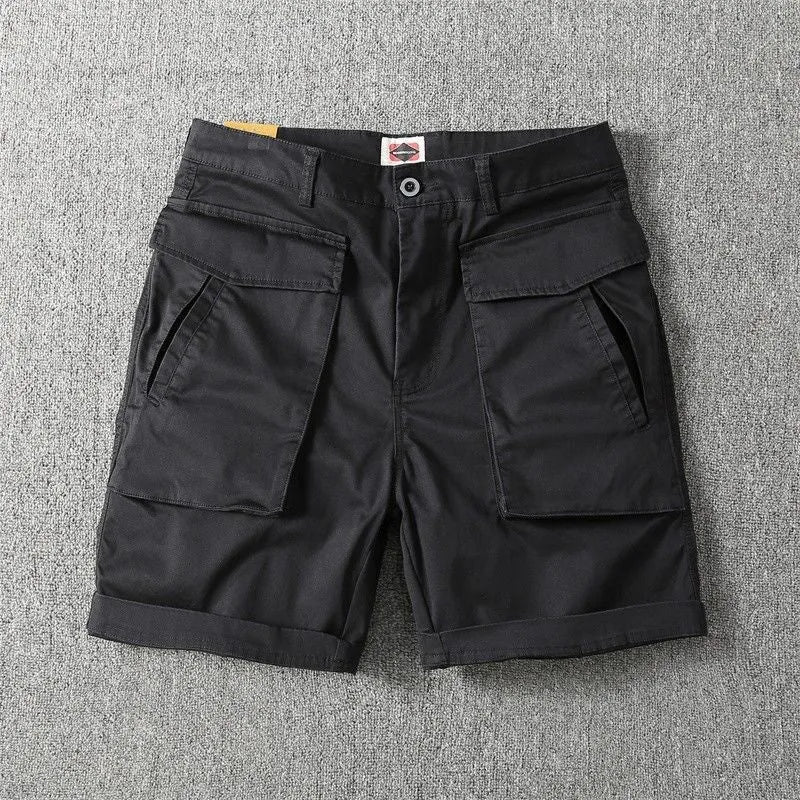 Men's stretch cotton cargo shorts in khaki with multiple pockets and straight-leg fit.