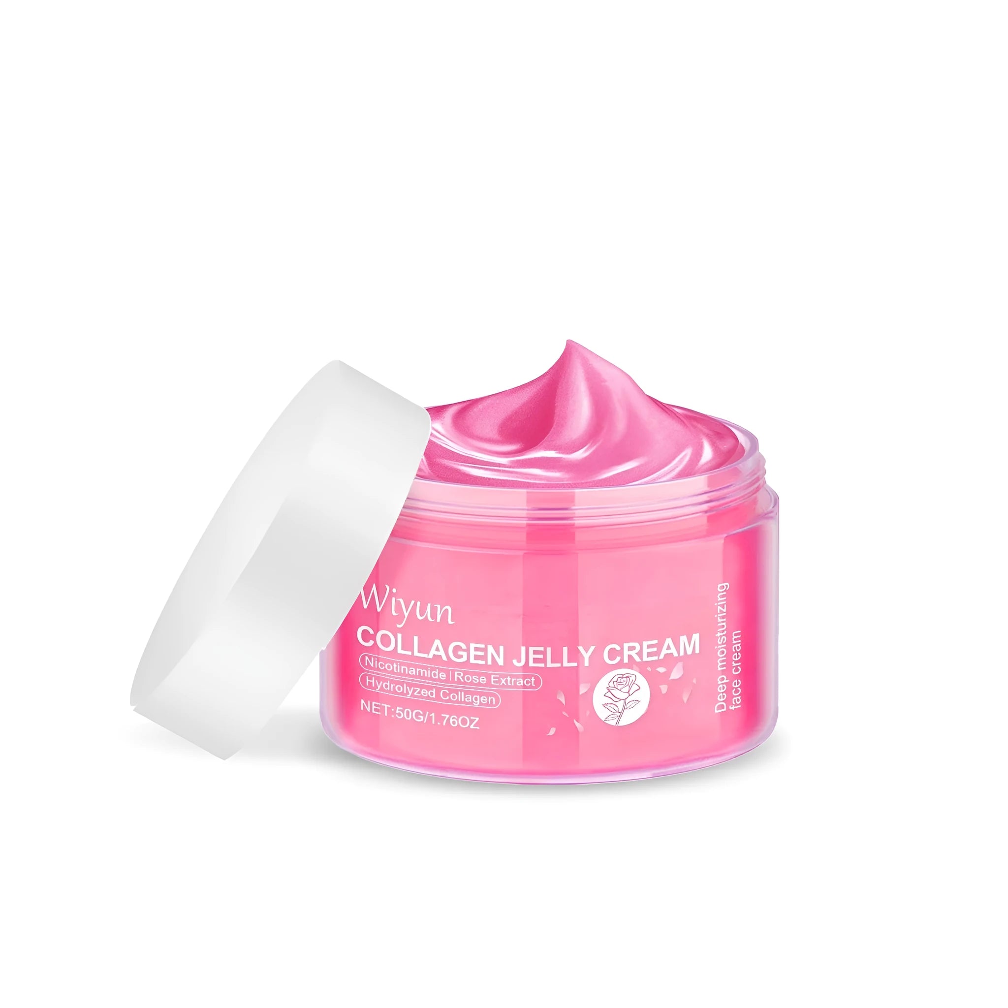 Collagen rose jelly cream in 50g jar with jelly texture for facial moisturisation