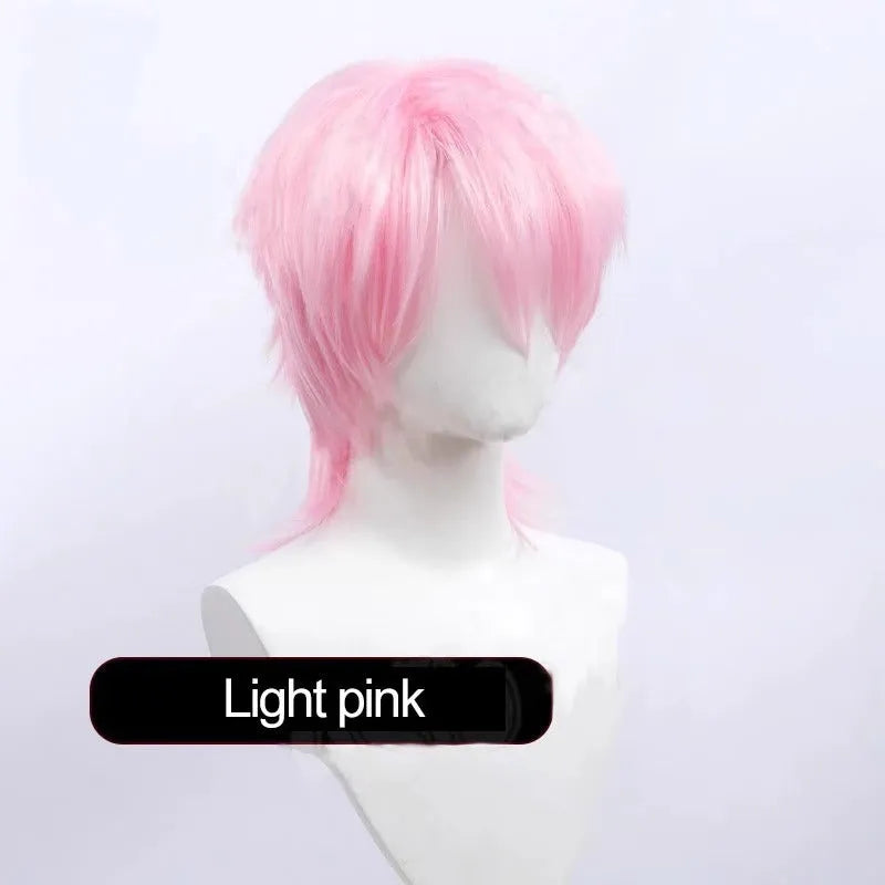A short hairstyle Anime cosplay wig for men on a stand, shown in a vibrant colour.