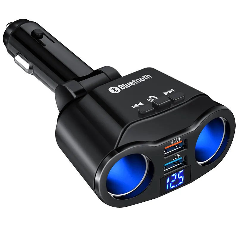 Car Bluetooth FM transmitter with charging port plugged into vehicle cigarette lighter socket