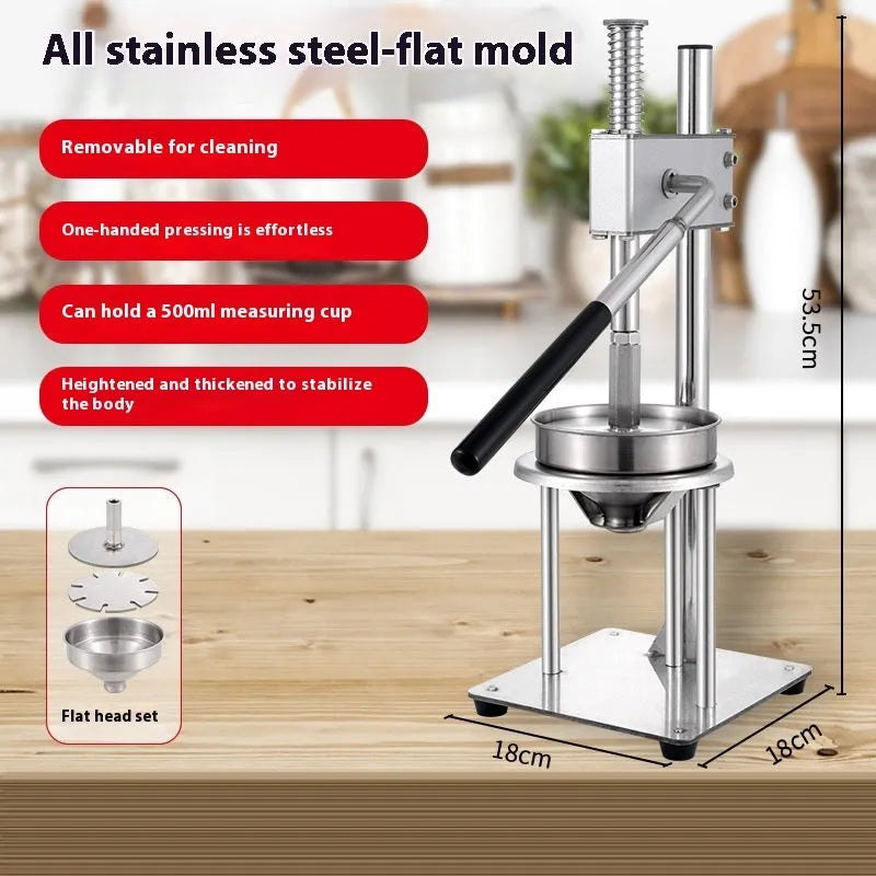 Manual stainless steel citrus juicer with 480mm long pressing arm on a countertop.
