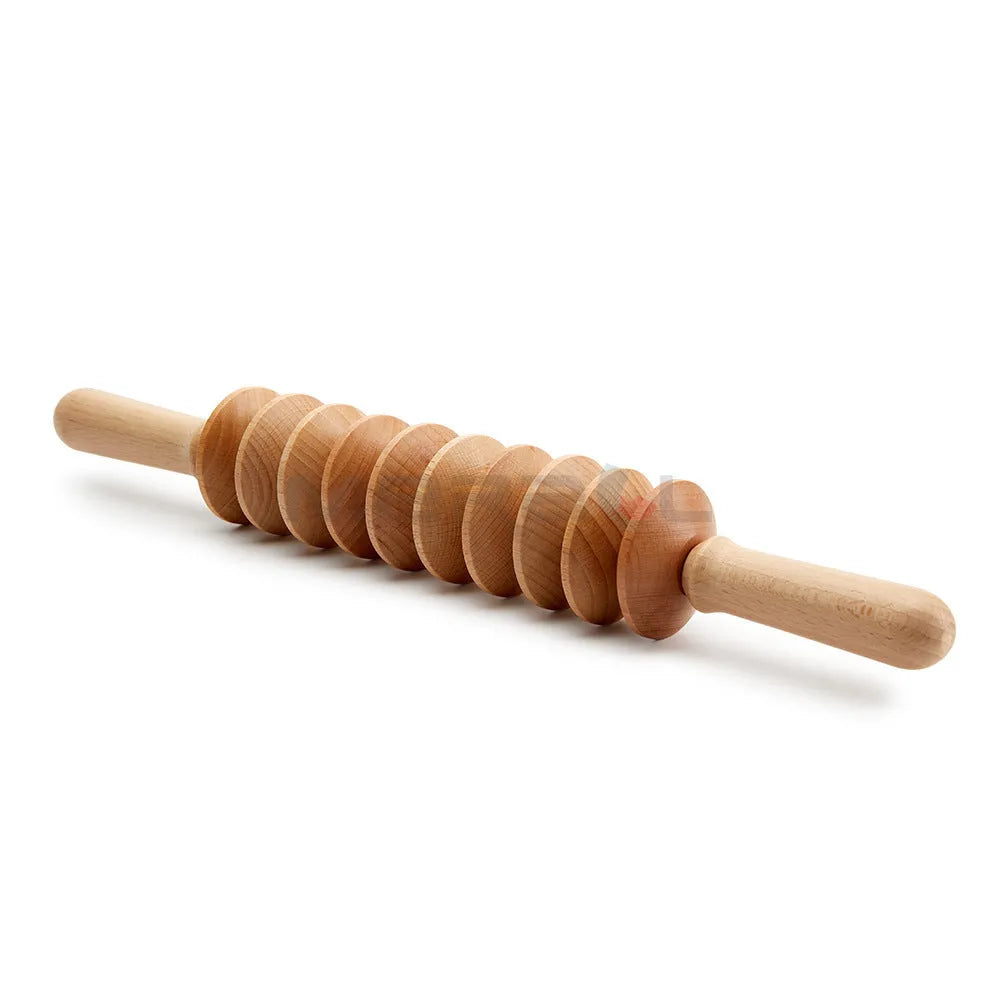 Set of natural beech wood massage rollers including T-shaped, 9-wheel, 12-wheel, and 13-wheel designs.