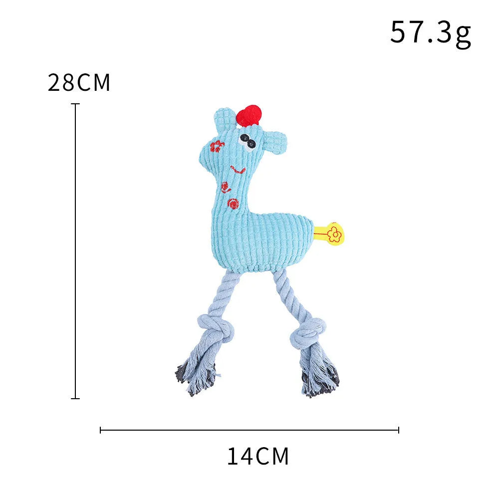 Blue plush deer-shaped dog toy with corn grain texture and sound function.