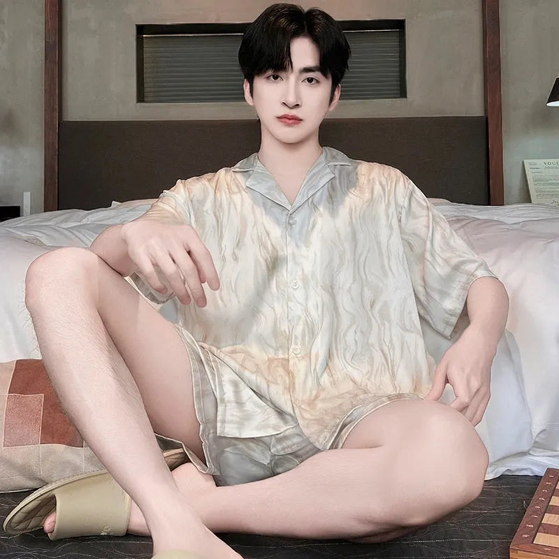 Men's ice silk pyjamas set showing cardigan top and shorts in satin jacquard pattern