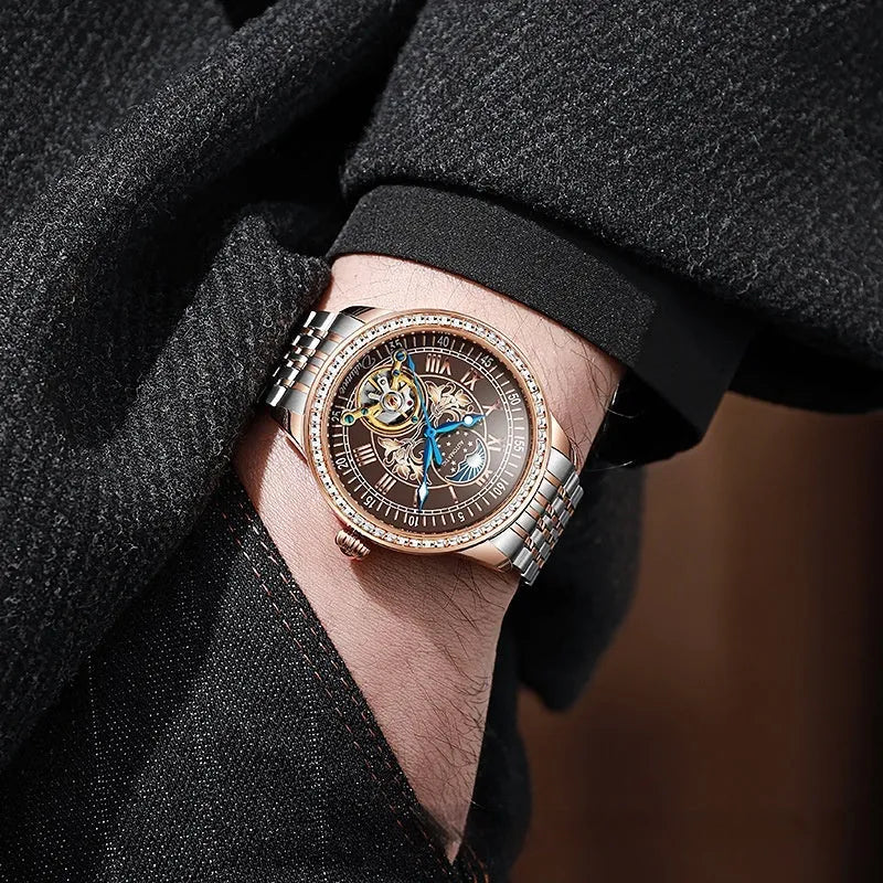 Men's mechanical waterproof watch with transparent case back showing movement and stainless steel butterfly buckle