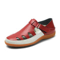 Plus size women's flat sandals with hollow-out design and toe cap in blue, red, or white.