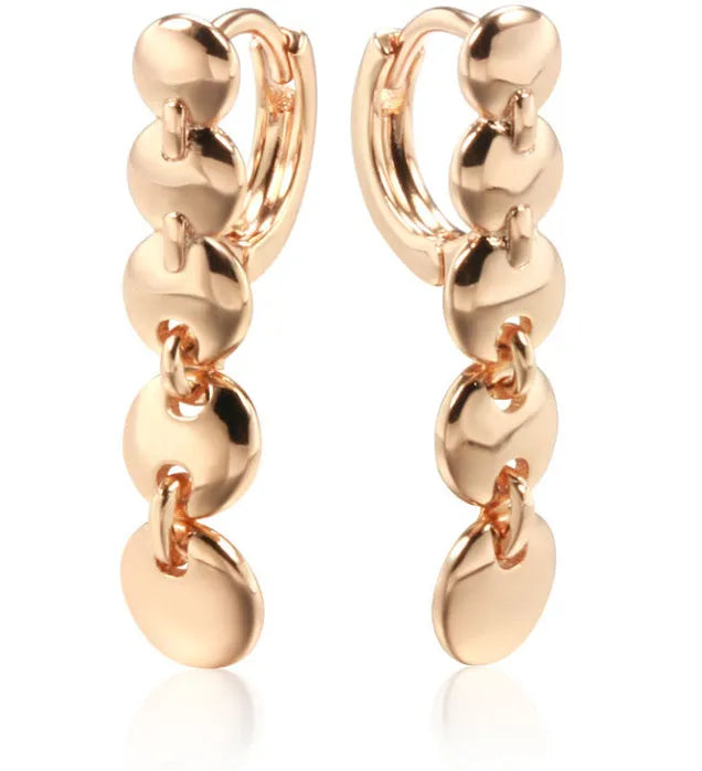 Retro gold-coloured long round circle earrings with woven copper texture and drop dangle design