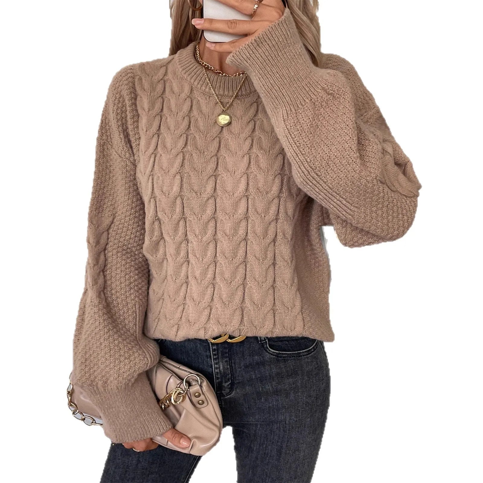 Women's loose fit round neck casual sweater in khaki colour with twist thread design detail.