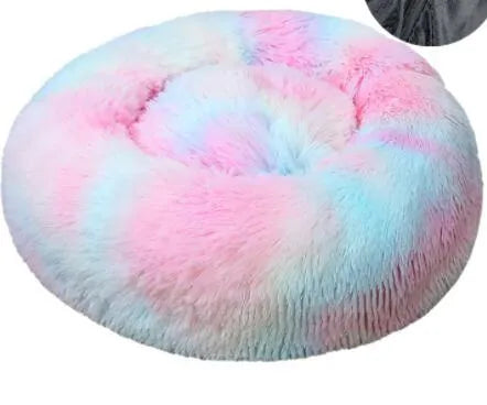Round PV plush pet bed with raised rim in khaki colour for dogs and cats