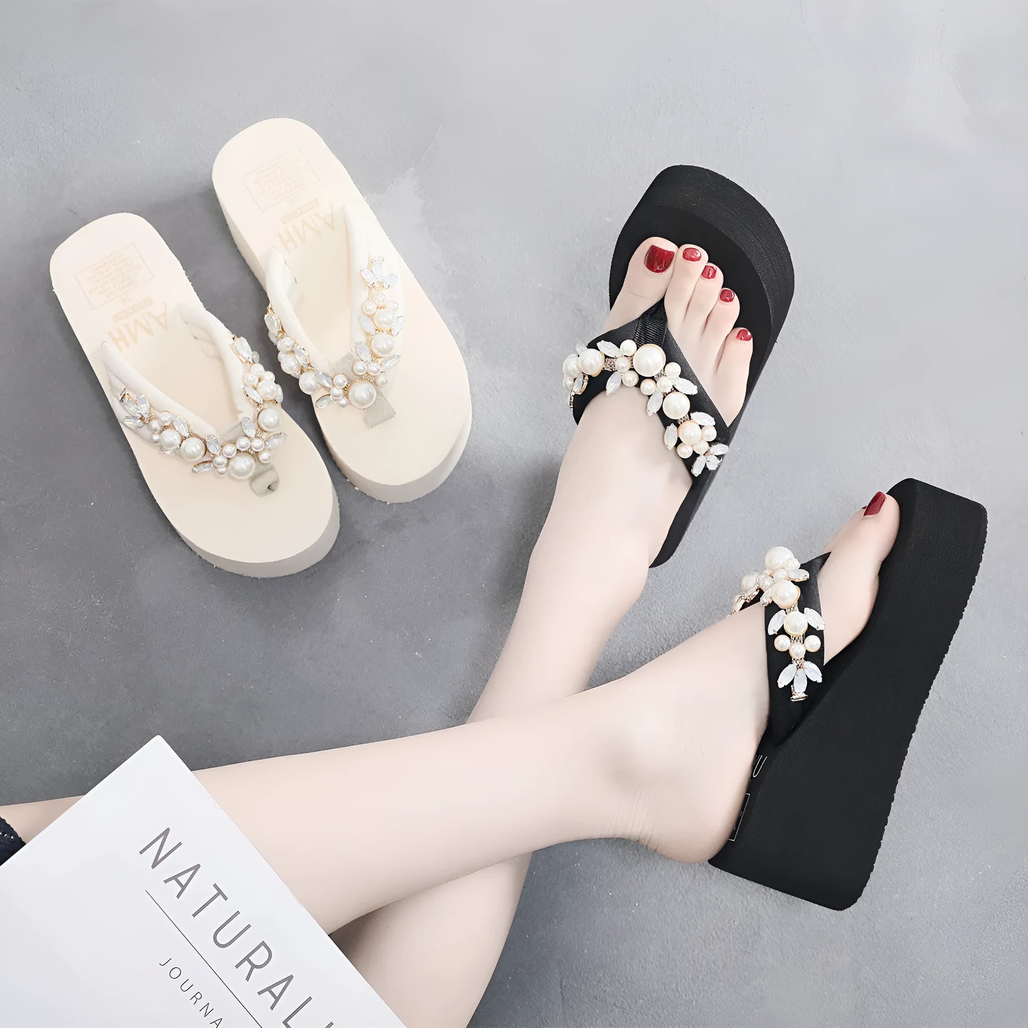 Women's high-heeled flip-flops in black and beige with cotton cloth uppers