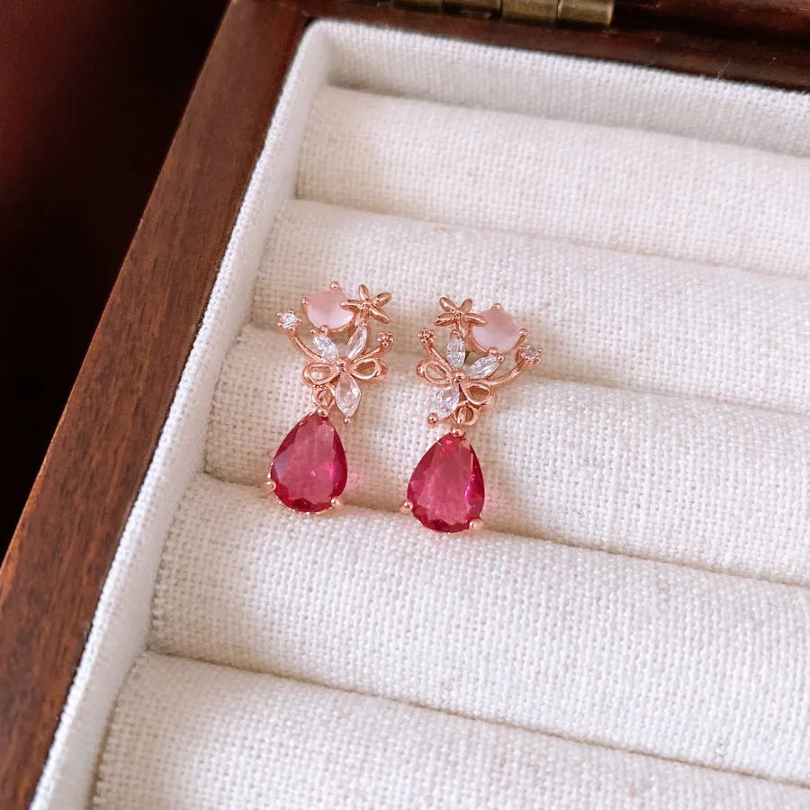 French style light luxury silver needle zircon flower drop earrings in rose gold on copper base