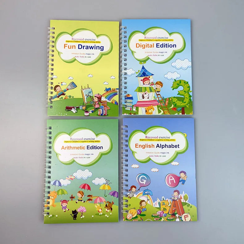 Magic calligraphy copybook set for children with stylus pen and refills, showing square slot design.