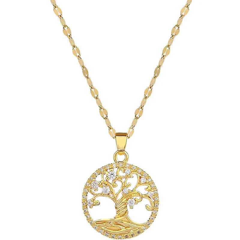 Gold-plated cross necklace with rhinestone lucky tree design and mother pearl shellfish pendant on adjustable chain