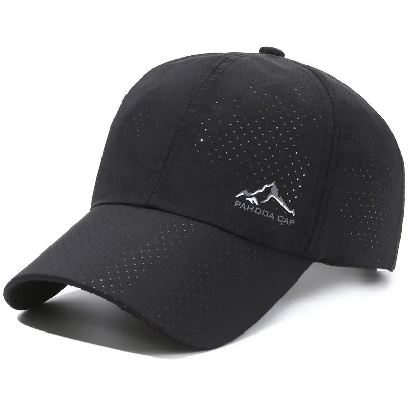 Adjustable polyester baseball cap in Army Green colour with breathable hollow design on a white background.